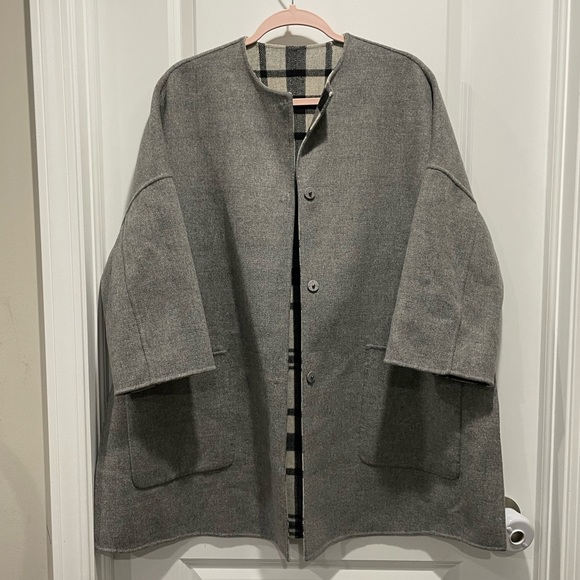 Rare MaxMara Weekend Reversible Checked Gray Black Cream Plaid Wool Coat Size S - Picture 13 of 16